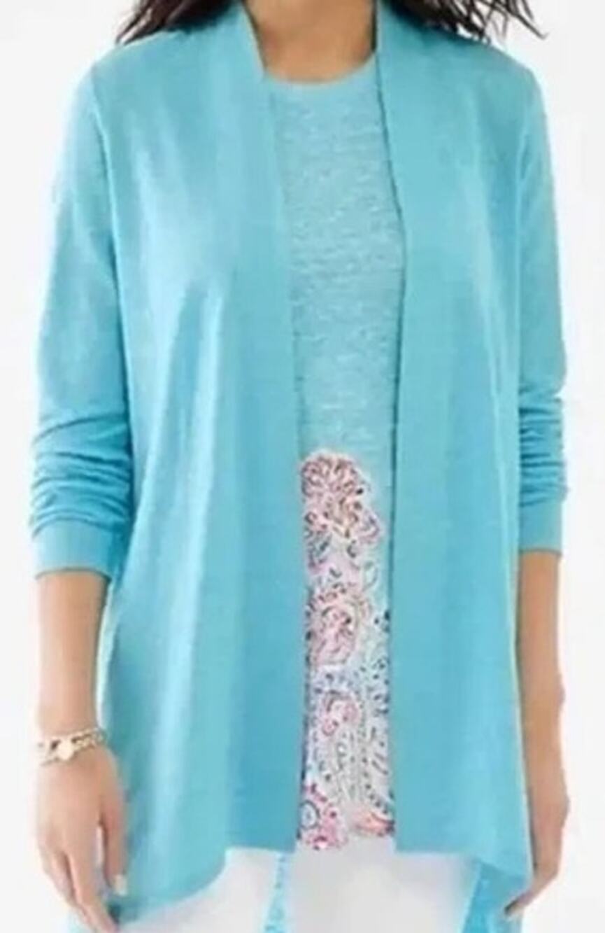 J.Jill Love Linen Teal Island Blue Open Front Cardigan Size Small